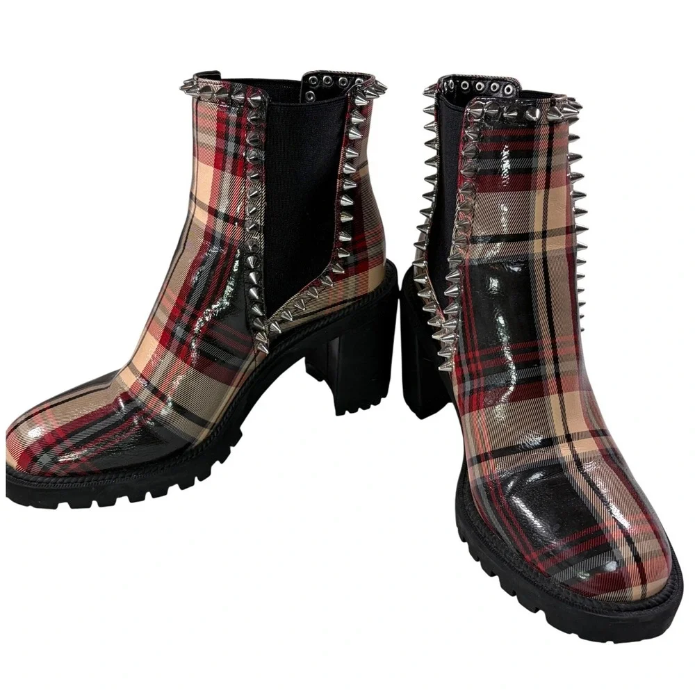 Jessica Simpson DEMMIE Plaid Studded Chelsea Booties Women 8M Spike Lug Sole